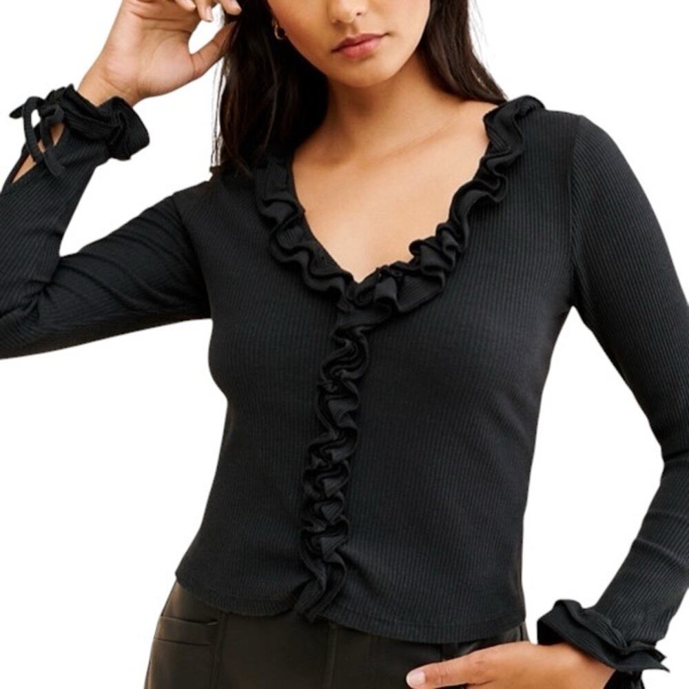 Anthropologie Maeve Ruffled Bell Sleeve Black Ribbed Top Size Medium